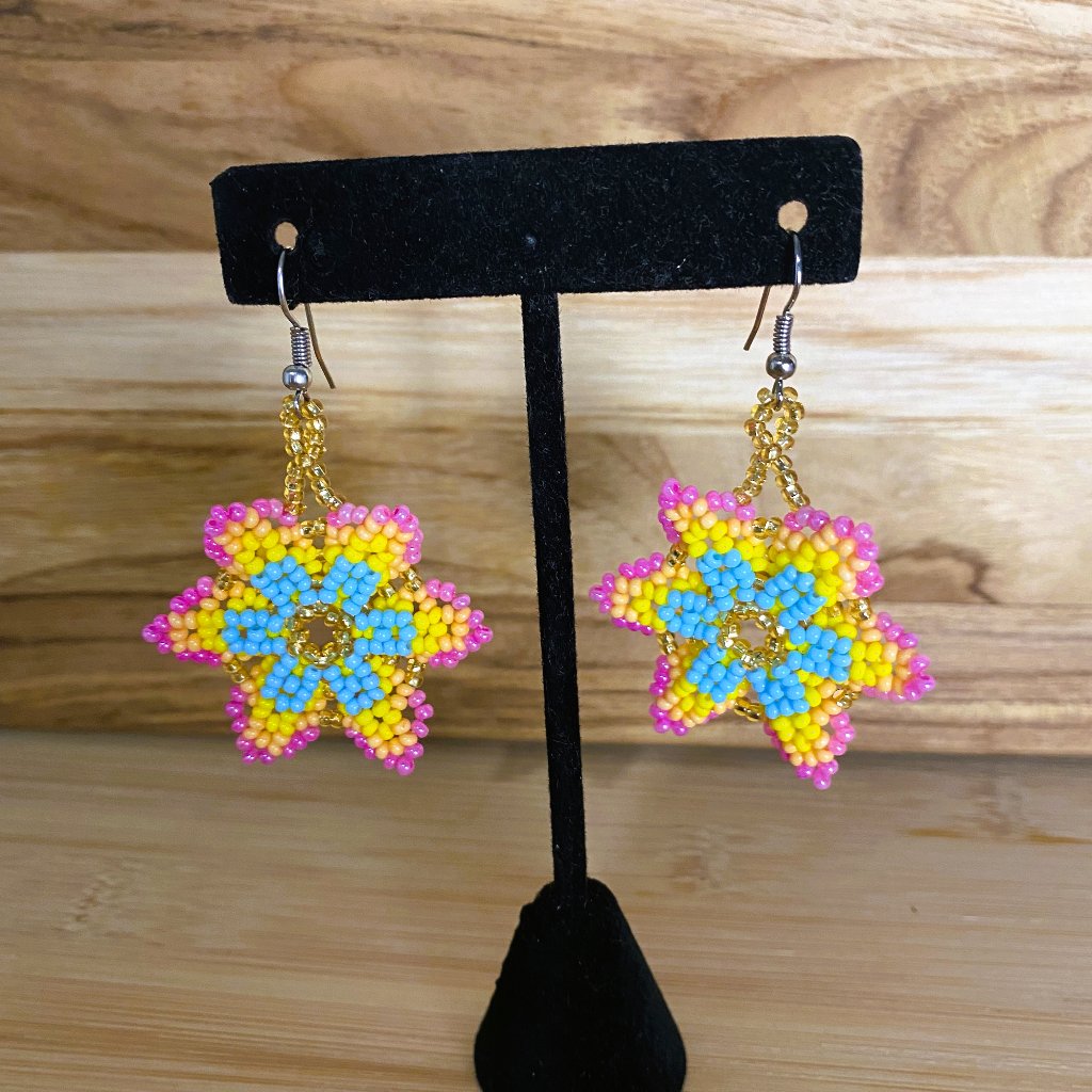 Small Hand-Made Huichol Earrings - Pink/Yellow
